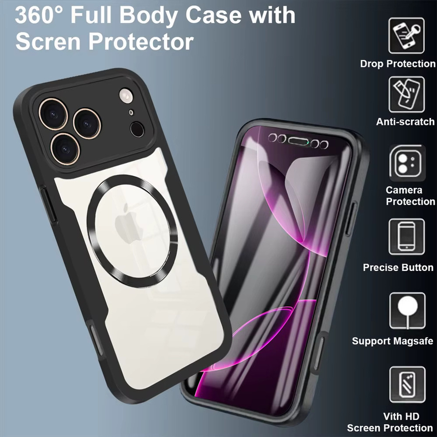Magnetische 360-Grad-Vollschutz-Klarsichthülle für Apple iPhone 17 Air 16 15 14 13 12 11 Pro Max inklusive Bildschirmfolie in Transparent und Schwarz - Bild 2