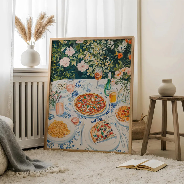 SHENCHEN Wandkunst Italienische Dinner-Illustration als Papierposter in Mehrfarbig mit mediterranem Blumen- und Sommer-Motiv - Bild 1