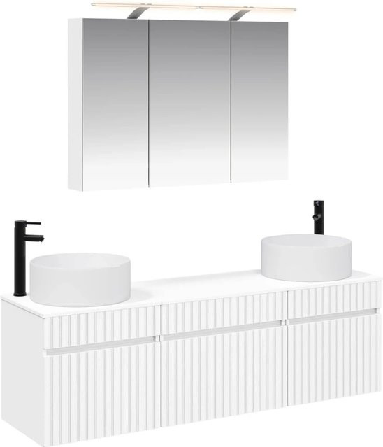 vidaXL Badezimmerschrank-Set 4-teilig in Weiß, modern mit LED-Beleuchtung und Spiegelschrank, B/T/H: 100 x 14,5 x 70 cm - Bild 1