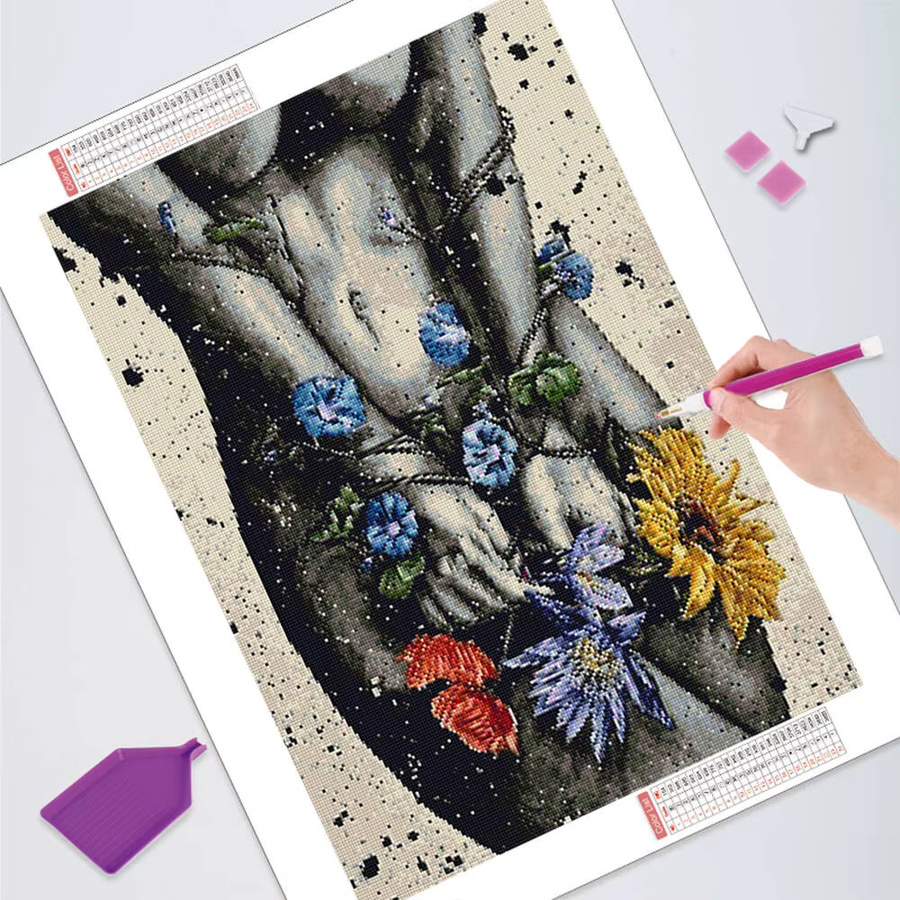 YUTTEE Diamant-Mosaik Rundes Porträt mit Blumen und Landschaft in Mehrfarbig - Bild 2