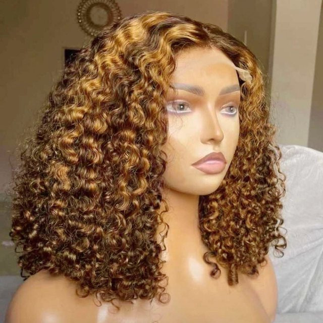 mayfive Bob-Perücke, tief lockig, Echthaar, 220 % Dichte, Highlight Brown - Bild 1