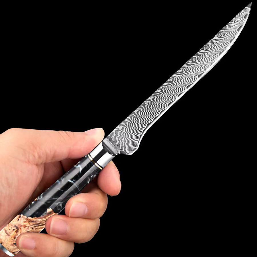 XITUO Ausbeinmesser aus Damaszener Stahl mit Harz- und Holzgriff, 6 Zoll Japanisches Filetiermesser für Fleisch und Fisch, Mehrfarbig - Bild 4