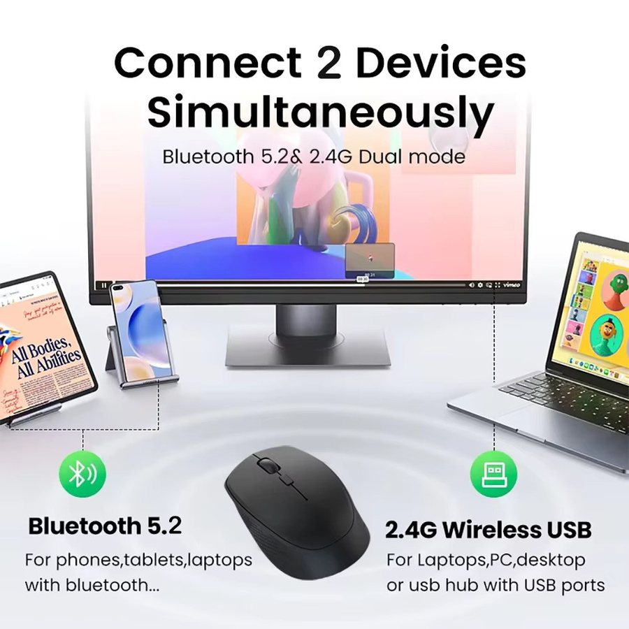 Kebidumei Dual-Modus Funkmaus mit Bluetooth 5.2 und 2,4G, wiederaufladbare Stille Gaming-Maus mit 1600 DPI in Schwarz - Bild 2