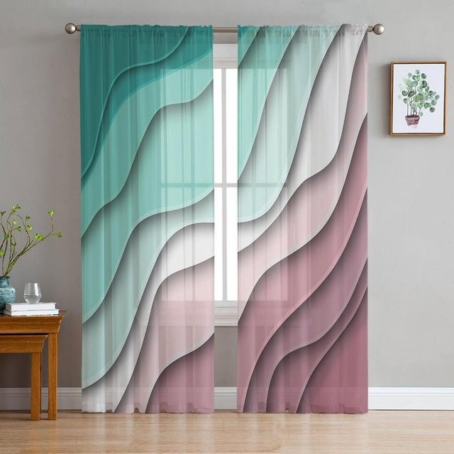 Moderne geometrische Vorhänge aus Tüll Voile in Grün und Dunkelrot mit Farbverlauf von Household supplies MH, Breite: 135 cm, Höhe: 160 cm - Bild 1