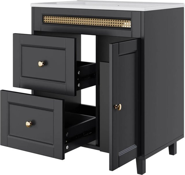 PXloue Waschbeckenunterschrank Badmöbel mit Keramikbecken in Schwarz matt, modern mit Rattan-Design, B: 76,0 cm, H: 86,5 cm, T: 39,74 cm - Bild 1