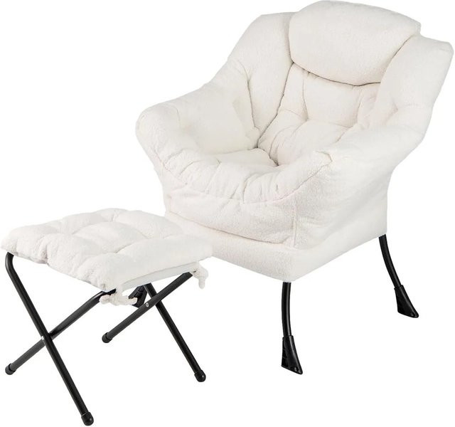 Costway Sessel mit Hocker aus Bouclé-Stoff in Beige mit Armlehnen, Seitentasche und Fußstütze - Bild 1