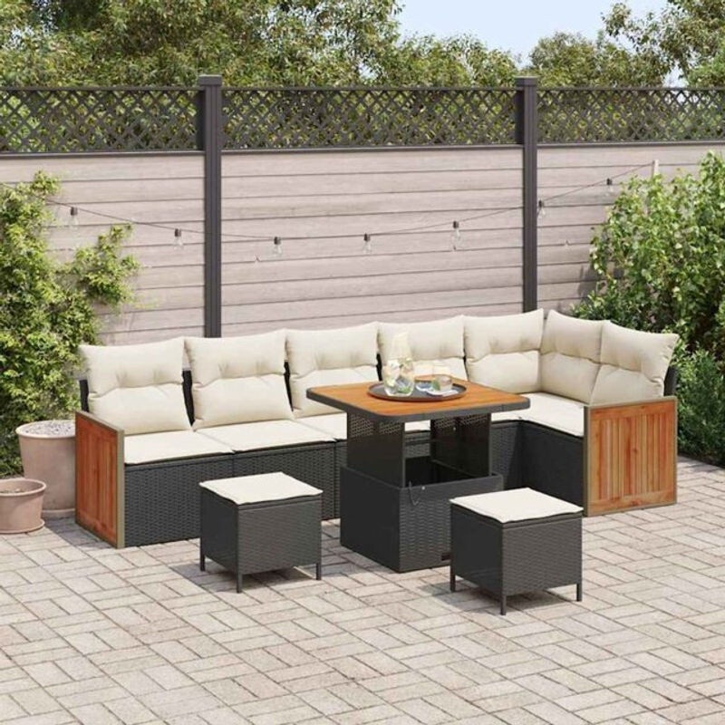 vidaXL Garten-Sofa-Set aus 9 Teilen aus Polyrattan und Akazie in Schwarz und Creme, B/T/H: 80 x 80 x 71 cm - Bild 1