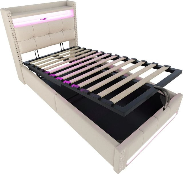 Merax Kinderbett mit LED-Unterbettbeleuchtung, USB-Anschluss und Bettablage in Beige, B/T: 90 x 200 cm - Bild 1