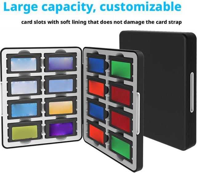 GBA 16-in-1 Spielkarten-Aufbewahrungsbox mit Magnetorganizer und Silikonfach in Schwarz inklusive DIY-Muster-Aufklebern - Bild 1
