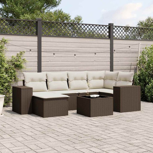 vidaXL 7-teilige Garten-Sofagarnitur in L-Form aus Polyrattan mit Kissen in Braun - Bild 3