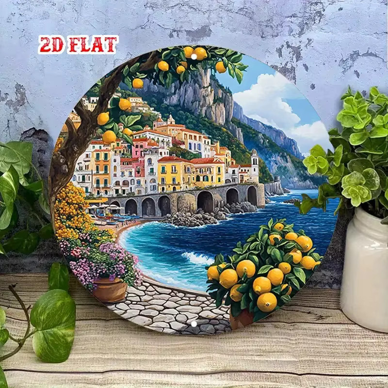 Potdemiel Metallwandkunst Amalfi-Küste Rund, Mediterrane Küstenlandschaft in Multicolour, Durchmesser: 20 cm - Bild 3