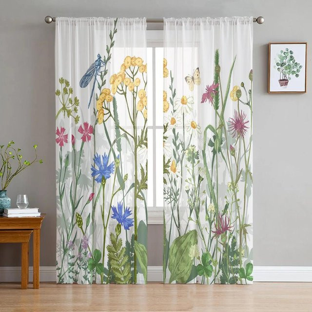 Transparenter Chiffon-Vorhang mit Löwenzahn- und Libellen-Motiv von Yiran Furniture, Farbe Weiß, Breite: 135 cm, Höhe: 137 cm - Bild 1