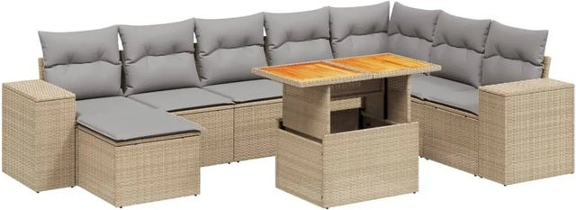 vidaXL 9-tlg Garten-Sofagarnitur in L-Form aus Polyrattan und Akazienholz mit Kissen, Beige - Bild 1