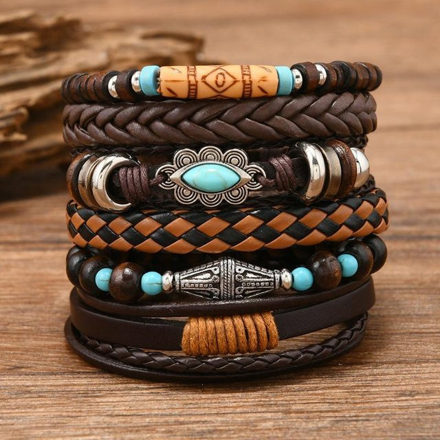 Armband Set Herren, Leder, Holzperlen, Stierschädel & Böser Blick Anhänger, brown - Bild 1