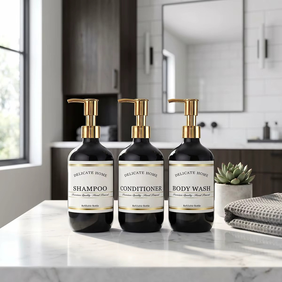 Schwarzes Nachfüllbares Duschflaschen-Set, 3er-Pack Kunststoff-Pumpflaschen für Shampoo, Conditioner und Duschgel, 500 ml pro Flasche - Bild 4