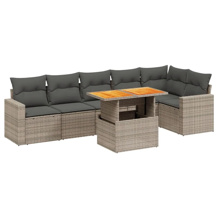 vidaXL 7-teilige Garten-Sofagarnitur aus Poly-Rattan und Akazienholz in Grau mit Kissen - Bild 2