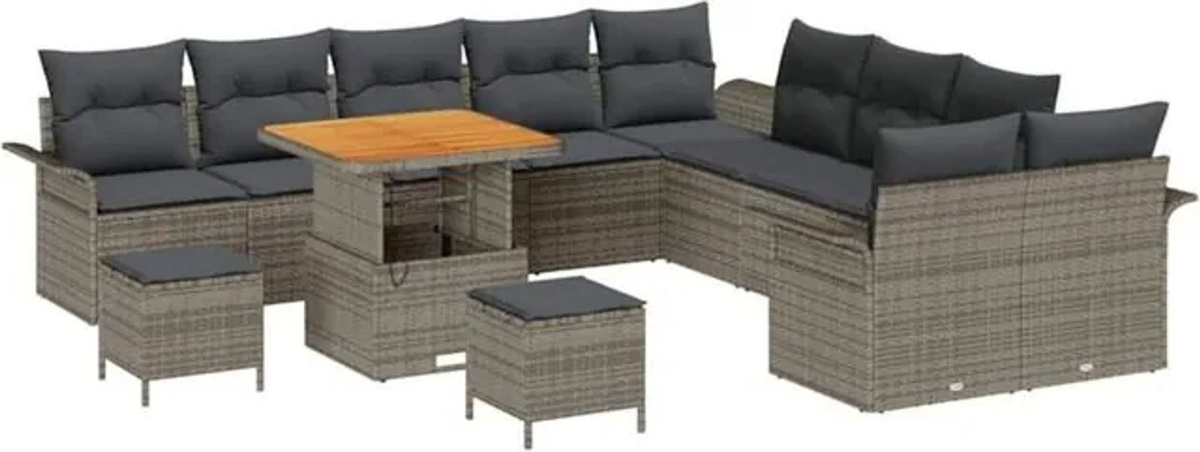 vidaXL Garten-Sofa-Set aus Polyrattan und Akazienholz in Grau, 13-teiliges Loungemöbel-Set - Bild 1