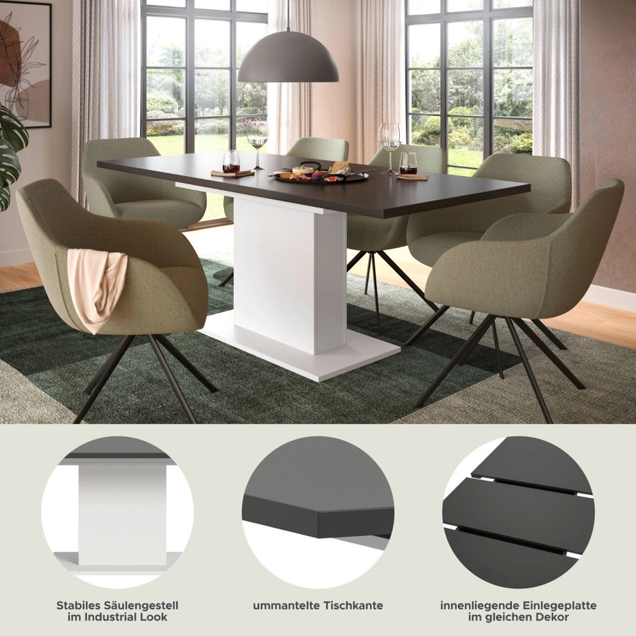 Inn.Furn Esstisch aus MDF und Metall in Grau und Weiß, modern und ausziehbar, B: 150 cm bis 190 cm, H: 76 cm, T: 90 cm - Bild 5