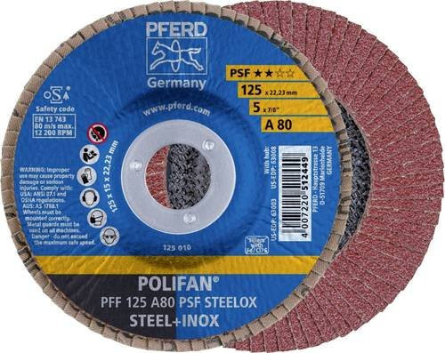 PFERD POLIFAN PSF STEELOX Fächerschleifscheibe für Stahl und Edelstahl, Durchmesser: 125 mm, Bohrungs-Ø: 22,23 mm, Körnung: A80, Mehrfarbig - Bild 1