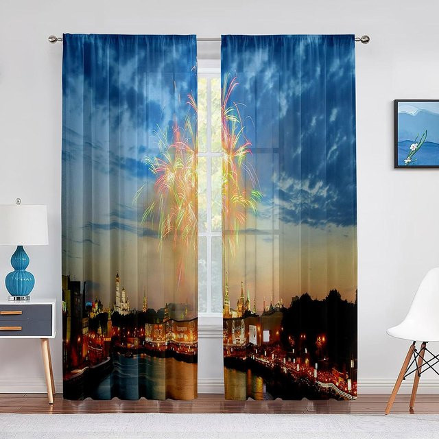 Super Six Chiffon-Fenstervorhang mit Nachtansicht, Feuerwerk und Sternenhimmel, transparent, B: 100 cm, H: 250 cm - Bild 1