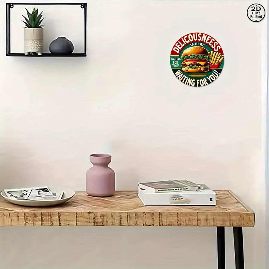 Potdemiel Vintage Metall-Wandblechschild rund Deliciousness is Here Burger & Fries Design, Mehrfarbig, Durchmesser: 20,32 cm - Bild 6