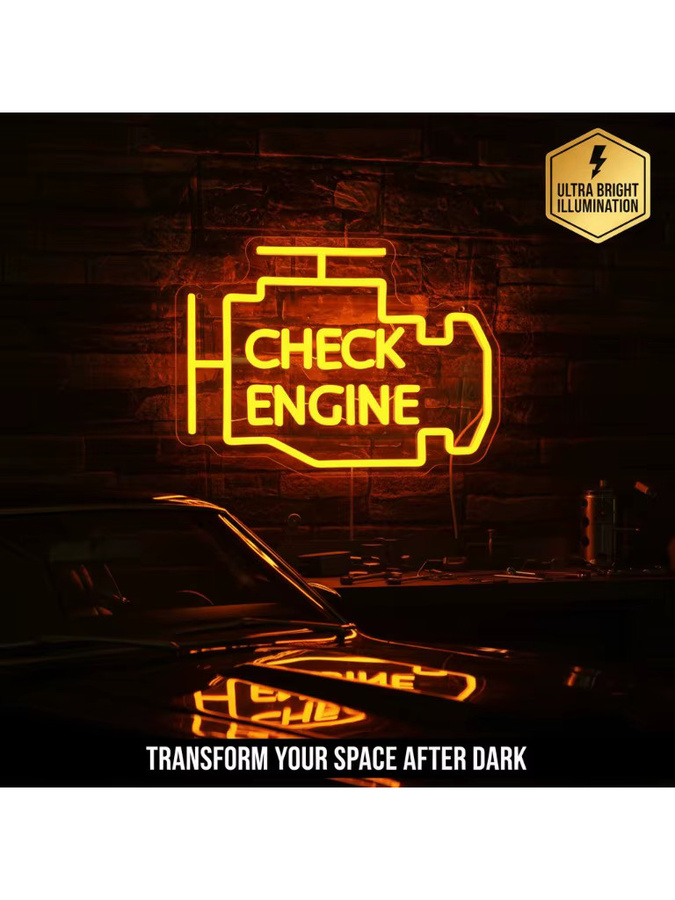 Check Engine Neon-LED-Wanddekoration in Gelb mit schwarzem Kunststoffgehäuse für Garage, Werkstatt oder Spielzimmer - Bild 3