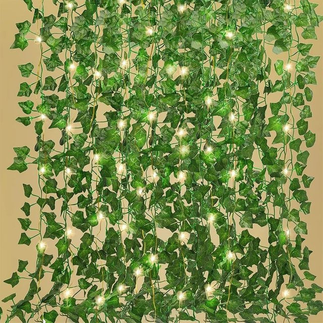 Künstlicher grüner Efeu mit warmweißer LED-Lichterkette als Hängepflanze für Wanddekoration, Hochzeit und Büro, Länge: 210 cm - Bild 1