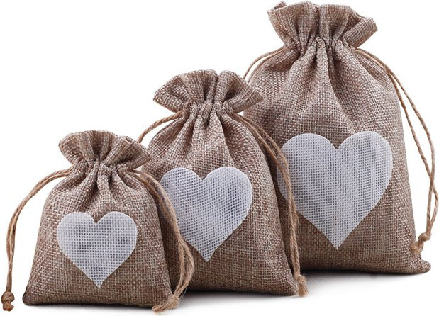Herz-Jute-Geschenktüten mit Kordelzug in Beige für Weihnachten, Hochzeit und Party, Stoffverpackung als Aufbewahrungsbeutel - Bild 1