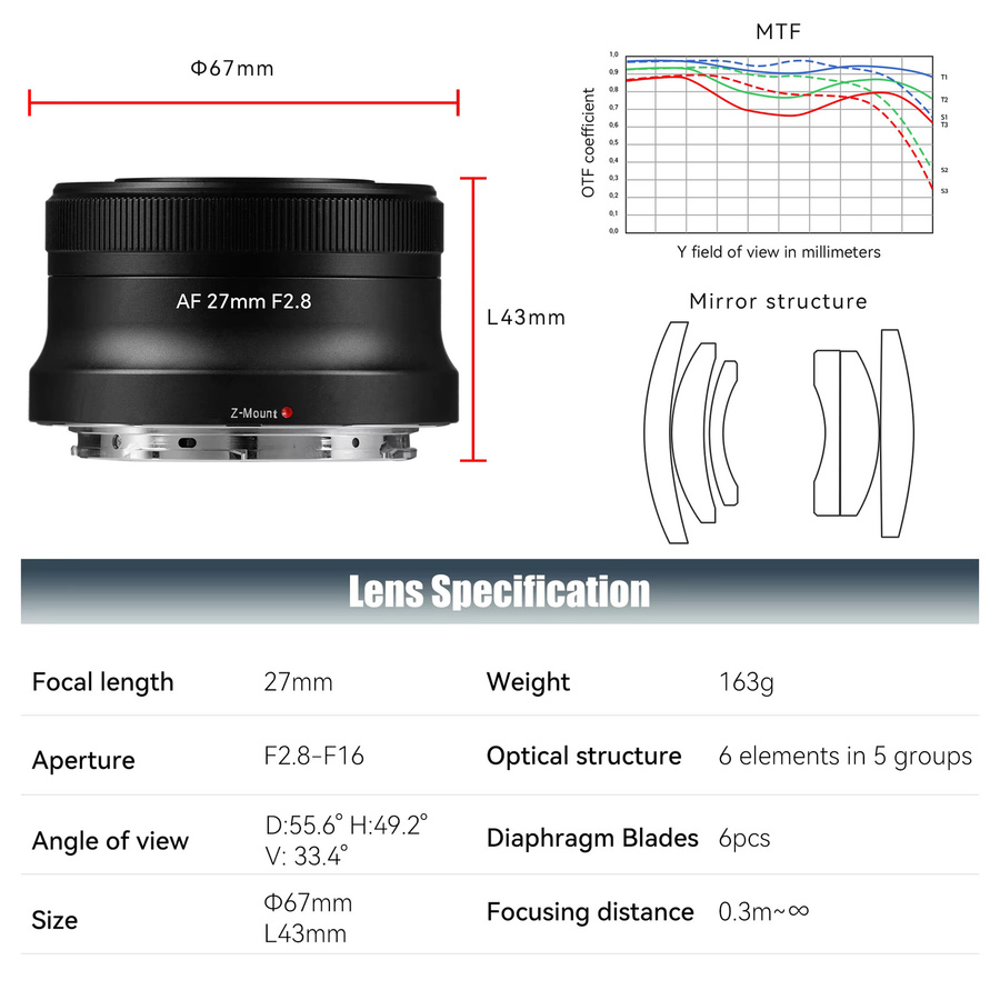 7artisans AF 27mm F2.8 APS-C Autofokus STM Objektiv für Nikon Z spiegellose Kameras, Schwarz - Bild 2