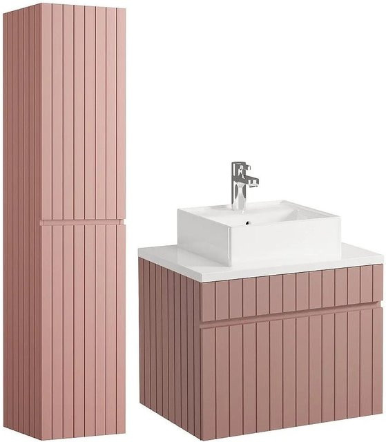 Vente-unique Badmöbel-Set Satara in Puderrosa mit Aufsatzwaschbecken und Hochschrank, Breite: 60 cm, Tiefe: 46 cm, Höhe: 46 cm - Bild 1