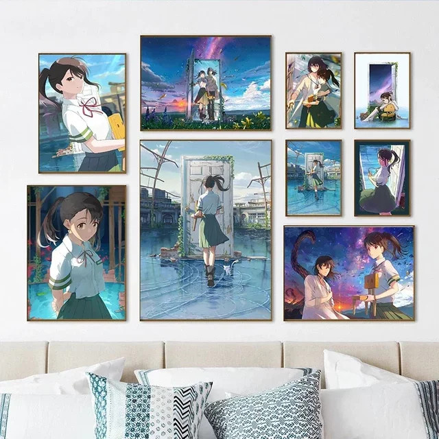 Potdemiel Leinwandgemälde Suzume No Tojimari Japanisches Anime-Mädchen Wandkunst Mehrfarbig - Bild 1