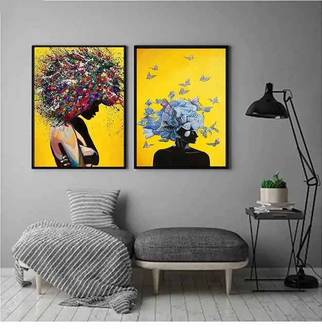 Potdemiel Abstrakte Leinwand Wanddekoration Modernes Mädchen mit Schmetterling in Gelb und Blau - Bild 1