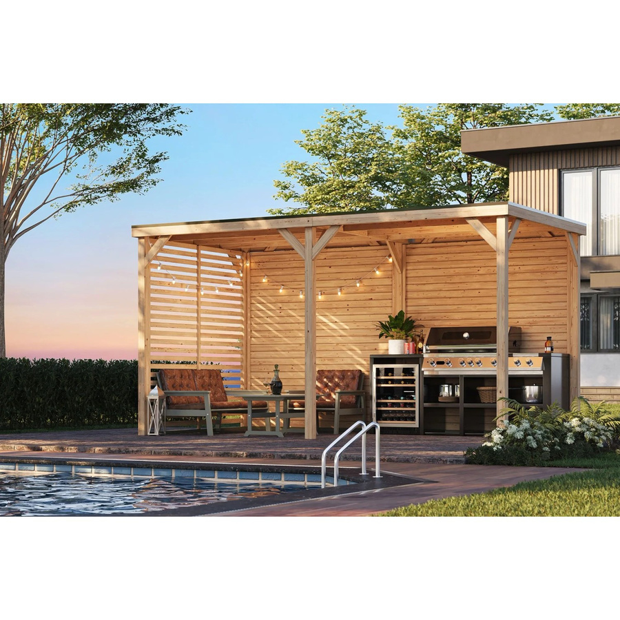 Karibu Pavillon Cannes Outdoorkitchen XXL aus Massivholz in Braun mit Rückwand und Lamellenwand, B: 453 cm, T: 231 cm, H: 243 cm - Bild 2