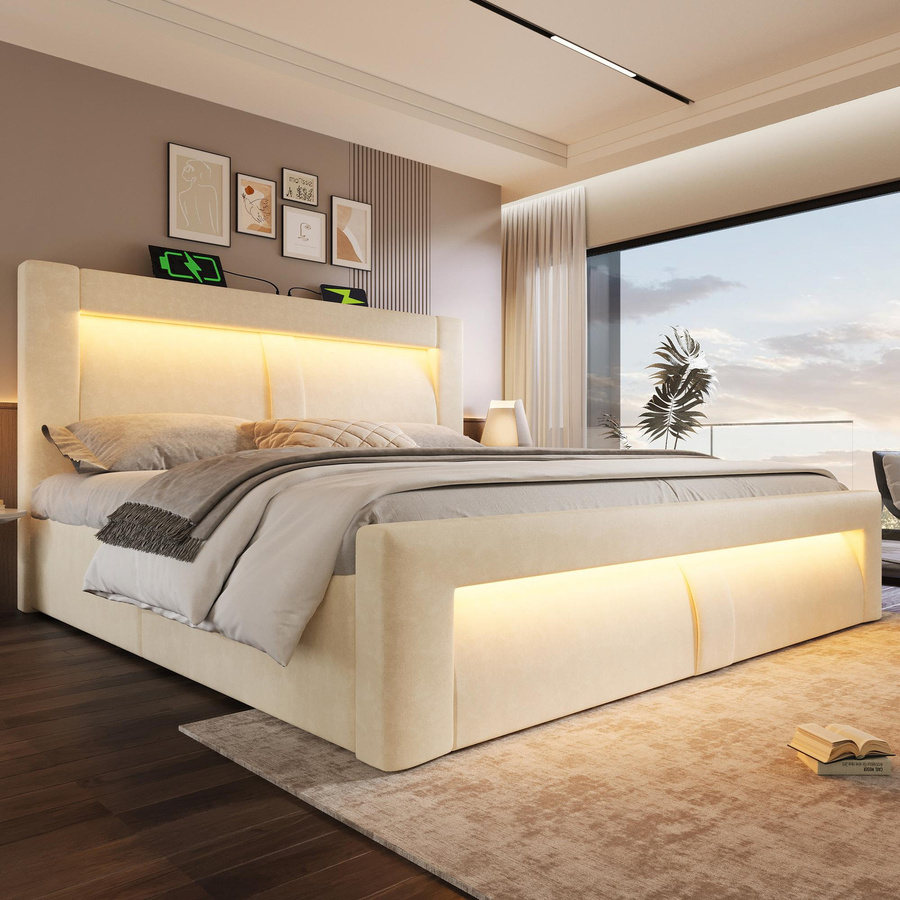AB Store Doppelbett mit hydraulischem Stauraum und USB-Ladeport in Beige, H x B x T: 107 x 143 x 217 cm - Bild 2