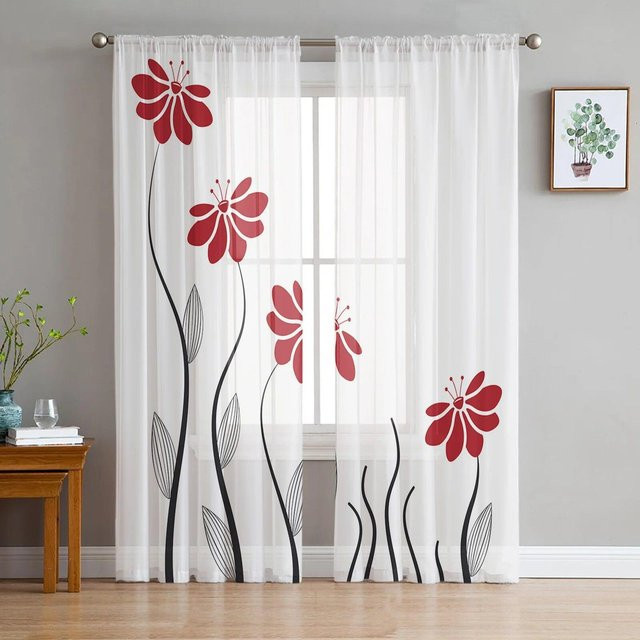 Dekorativer Tüll-Pflanzenvorhang mit roten Blumenlinien von A Family Of Home Textiles, transparent, Breite: 135 cm, Höhe: 183 cm - Bild 1