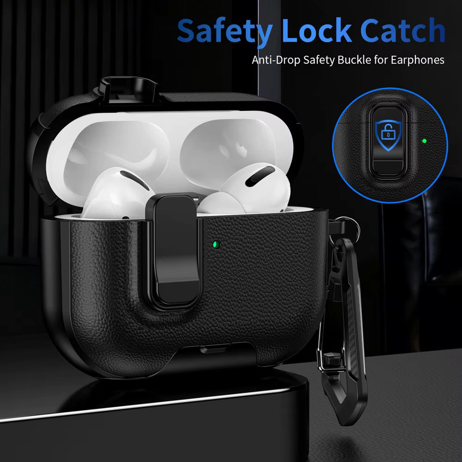 XhaoR Schutzhülle für AirPods Pro 2 mit Schlüsselanhänger und integriertem Telefonständer aus Lederstruktur in Schwarz oder Gelb - Bild 2