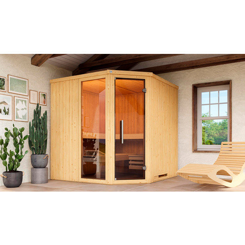 WEKA Ecksauna Varberg 3 für 6 Personen in Braun inklusive 9 kW Ofen mit integrierter Steuerung und Glastür sowie Fenster - Bild 2