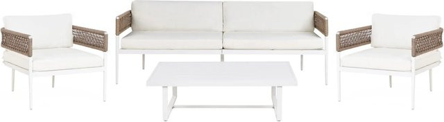 Beliani Lounge Set SERLA im skandinavischen Design mit 3-Sitzer Sofa, Sesseln und Couchtisch in Weiss und Beige aus pulverbeschichtetem Aluminium und UV-beständigem Polyester - Bild 1