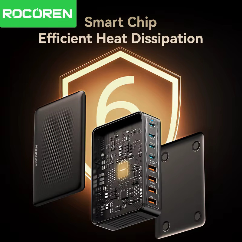 Rocoren 200W USB-C GaN-Ladegerät mit 8 Anschlüssen, USB-C PD3.1 Schnellladestation in Schwarz - Bild 3