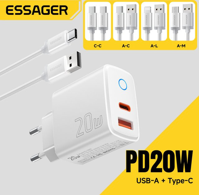 Essager 20W USB-C Ladegerät mit PD Schnellladung und Kabel für iPhone, Xiaomi und Huawei in Weiß - Bild 1