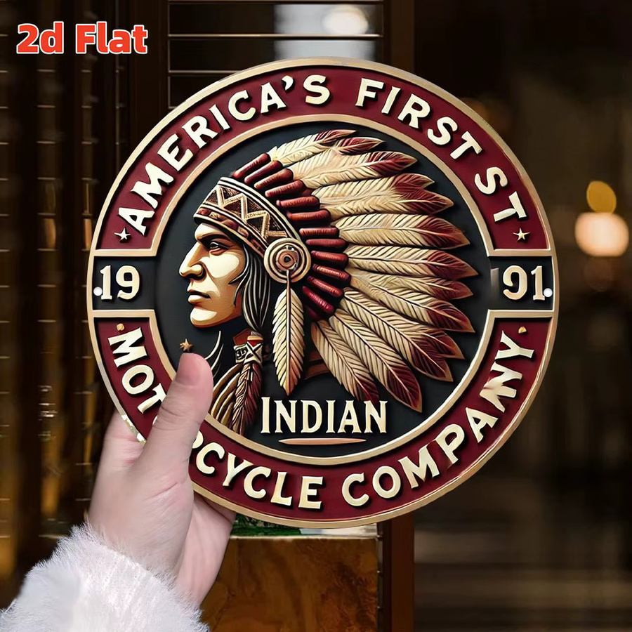 Vintage Indian Motorcycle Co. Logo Metallschild in Rot, rundes Retro-Wandkunst aus Metall, Durchmesser: 20 cm - Bild 3