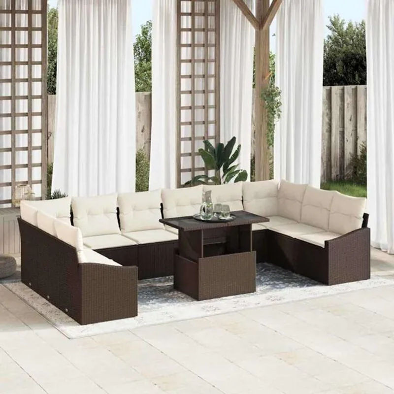 vidaxl Garten-Sofa-Set aus Polyrattan und Stahl mit Glas, 11-teiliges Loungemöbel in Braun und Beige, B/T/H: 100 x 55 x 73 cm - Bild 1