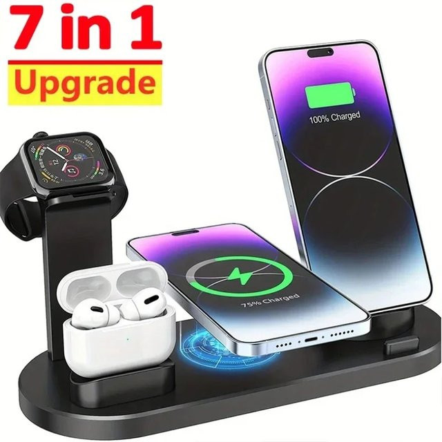 XIKCU 7-in-1 kabelloses Ladegerät mit Ständer für iPhone 12 bis 17, Apple Watch und AirPods, Schnellladestation in Schwarz - Bild 1