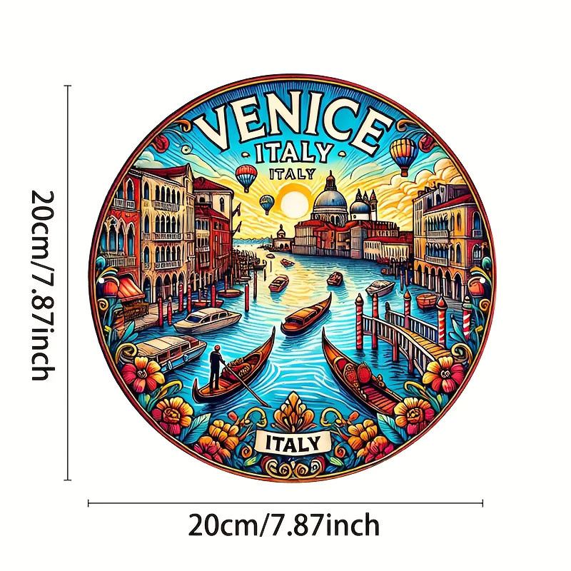 Potdemiel Vintage Venedig Wandkunst aus Aluminium, rundes Metallschild mit Gondeln und Sehenswürdigkeiten, Durchmesser: 20,3 cm, Mehrfarbig - Bild 3