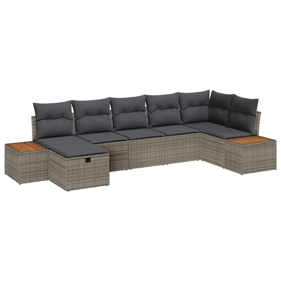 vidaXL Garten-Sofa-Set aus Polyrattan in Grau, 7-teiliges L-Shape Lounge-Set mit Polstern, 3-Sitzer, Eckelement, Ottoman und Couchtisch - Bild 2