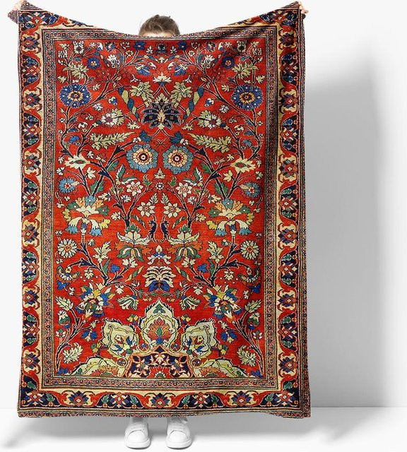 JMG Household Supplies Rote Wolldecke mit Blumenbestickung als Kilim Überwurf für Bett und Sofa B/B: 70 x 100 cm - Bild 1