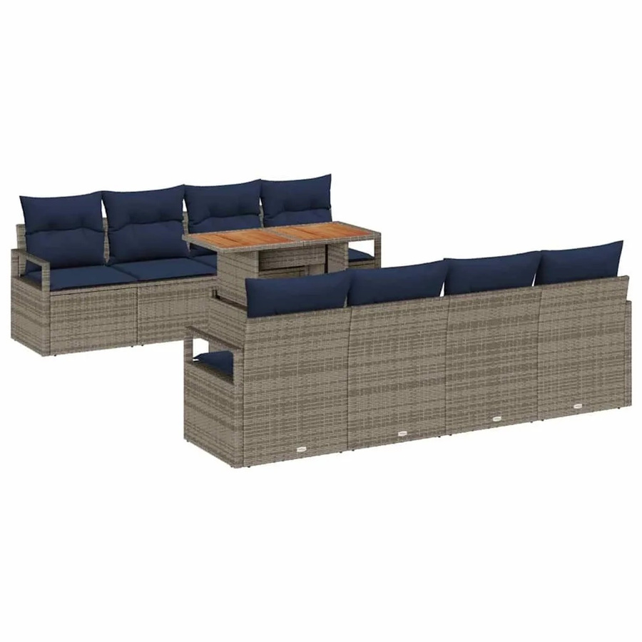 vidaXL Garten-Sofa-Set 9-teilig in U-Form mit Kissen und Tisch, Grau und Marineblau - Bild 2