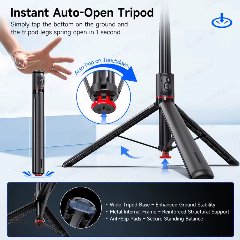 Axnen Bluetooth Selfie-Stick Stativ mit Gimbal und Fernbedienung, faltbarer automatischer Halter für iPhone und Android Smartphones in Schwarz - Bild 2