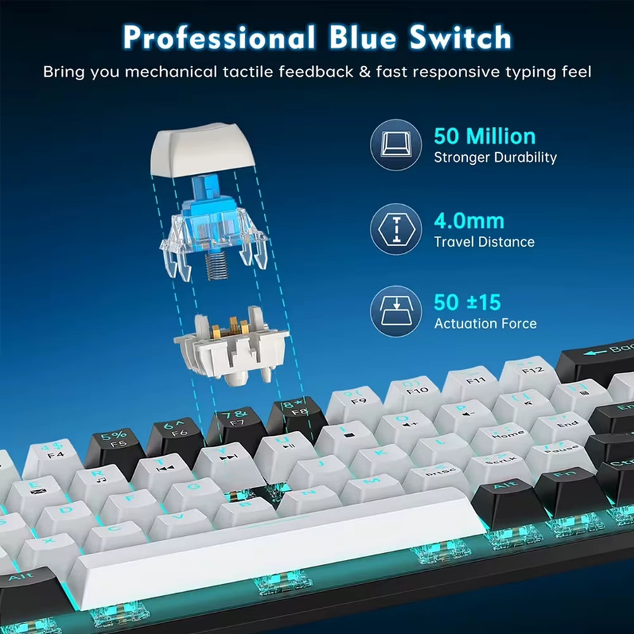 HXSJ Mechanische Tastatur mit 68 Tasten und Hintergrundbeleuchtung in Schwarz-Weiß mit abnehmbarem USB-C-Kabel - Bild 5
