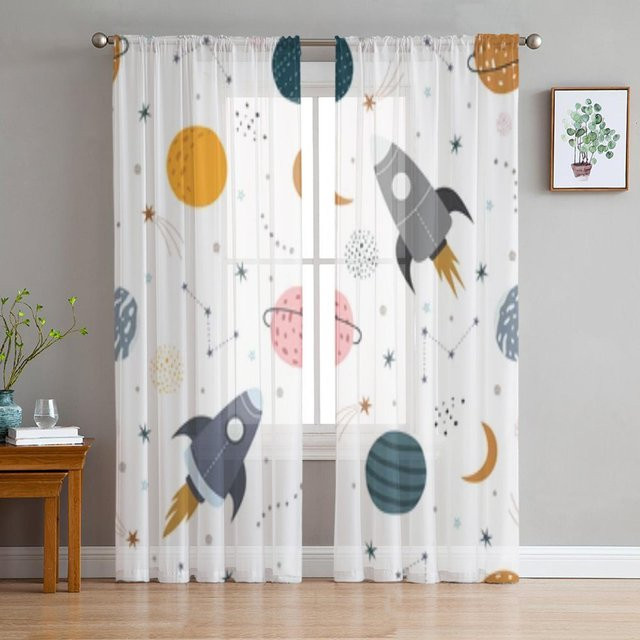 A Family Of Home Textiles Chiffon-Vorhang Rakete und Sterne in Weiß, B: 135 cm, H: 114 cm - Bild 1